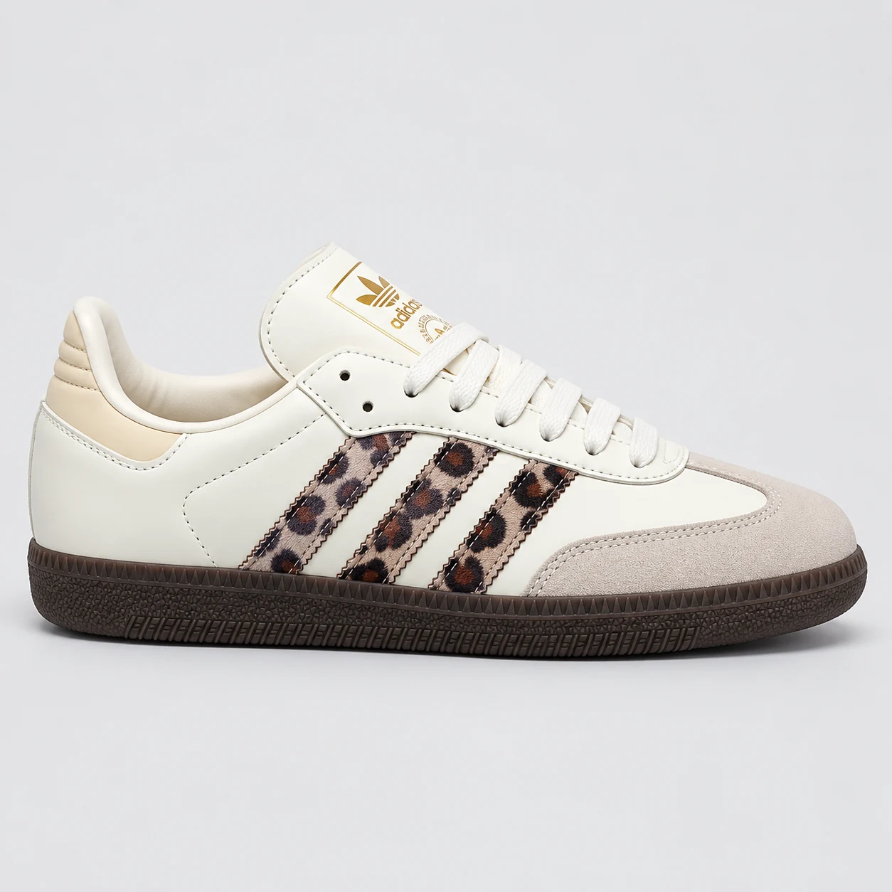 adidas Samba — Cream / Leopard Print / Brown Cream / Leopard Print / Brown low-top sneaker with lace-up fastening, layered panels and three-stripe detailing. Browse the cleaned catalogue image and original supplier photo, and select your UK size from 3 to 9.